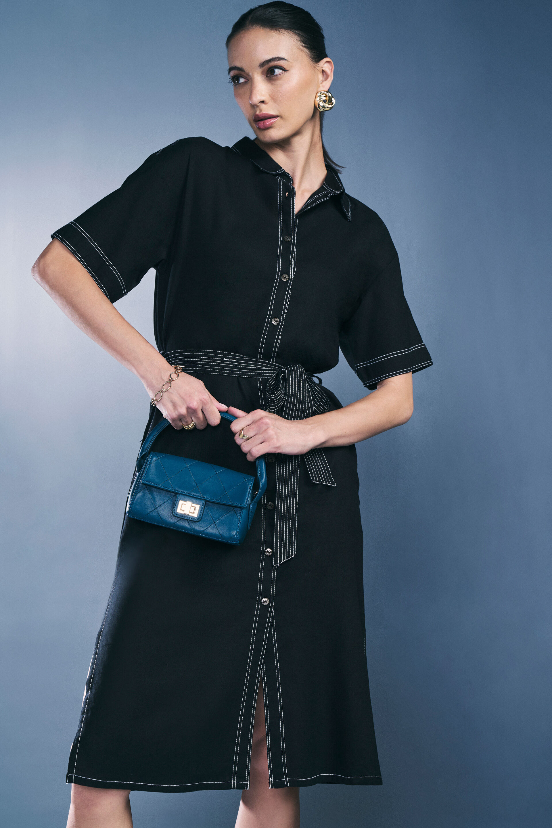 High On Contrast Rayon Dress, Black, image 3