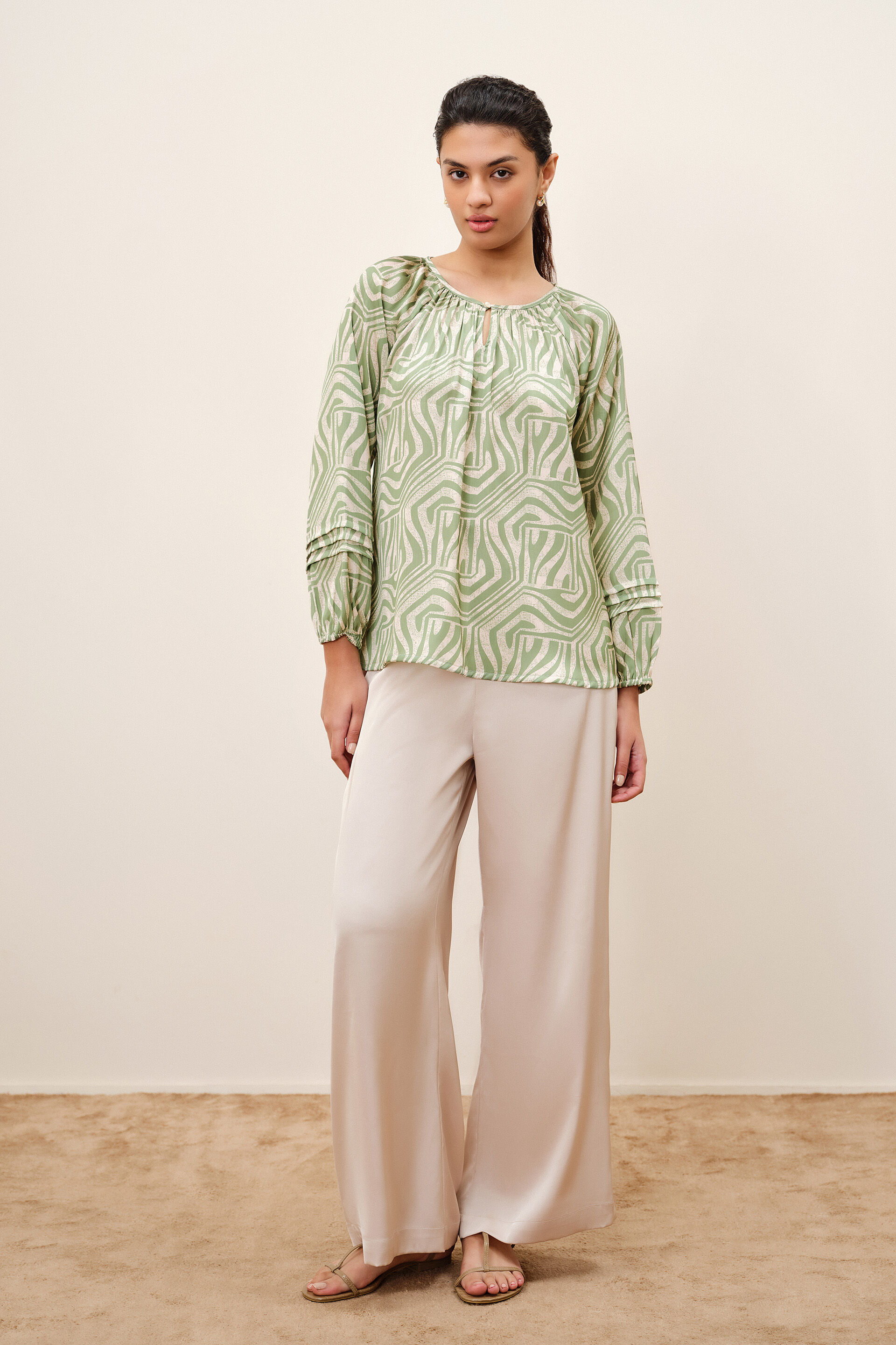 Sage Pleated Satin Top, Green, image 3