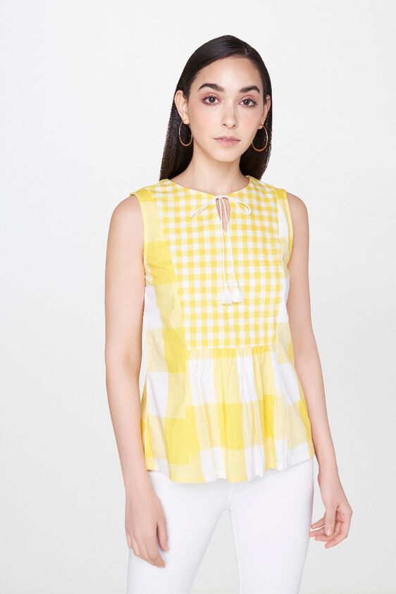 1 - Yellow Geometric Round Neck Shirt Style Top, image 1