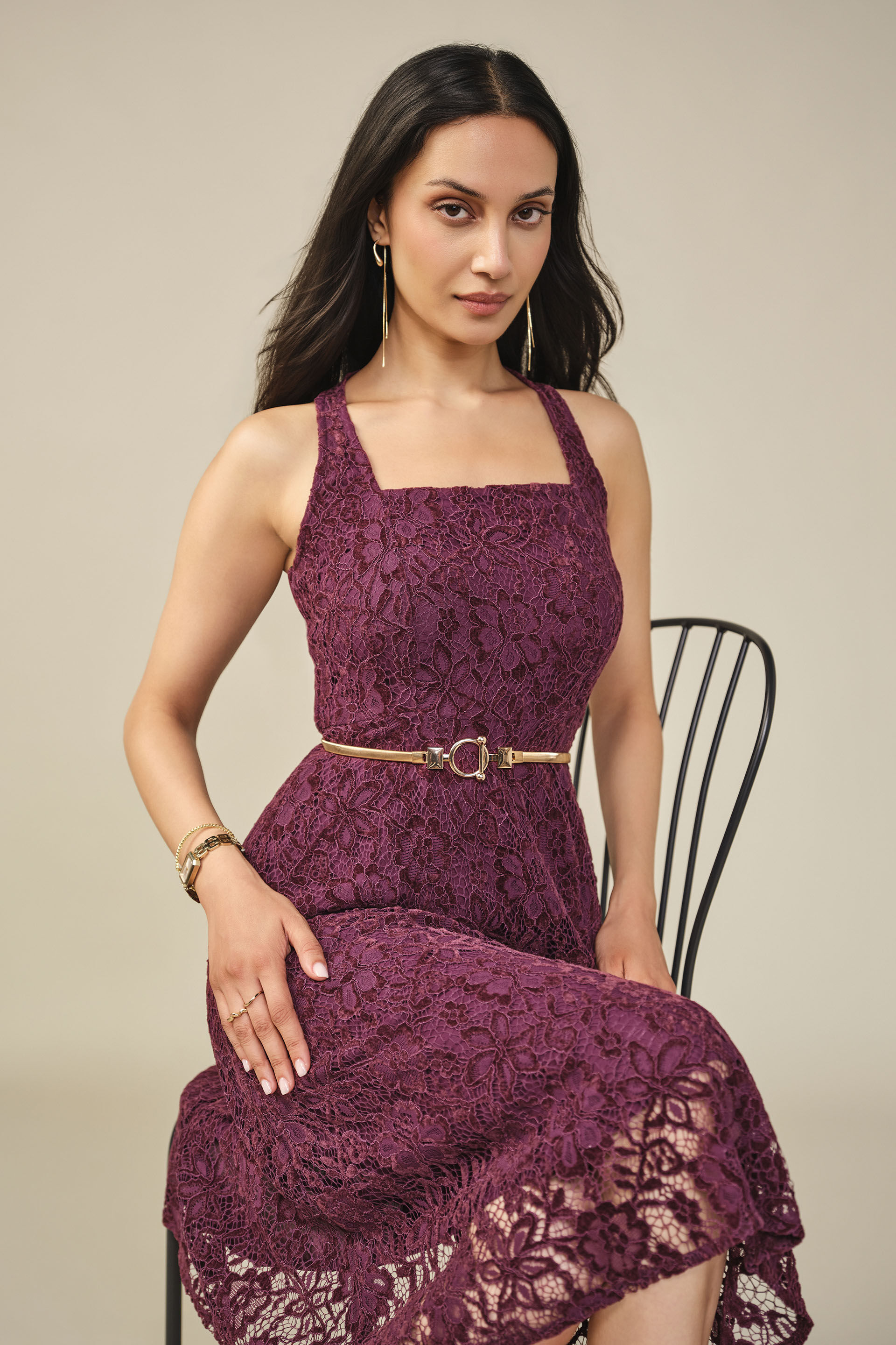 Lace Halter Dress in Wine, Wine, image 2