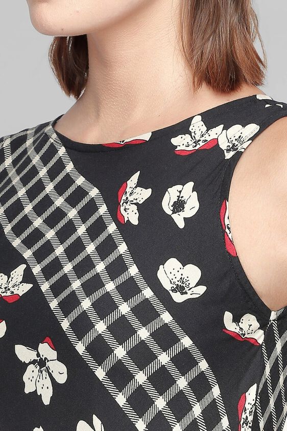 5 - Black Floral Round Neck Fit and Flare Sleeveless Gown, image 5