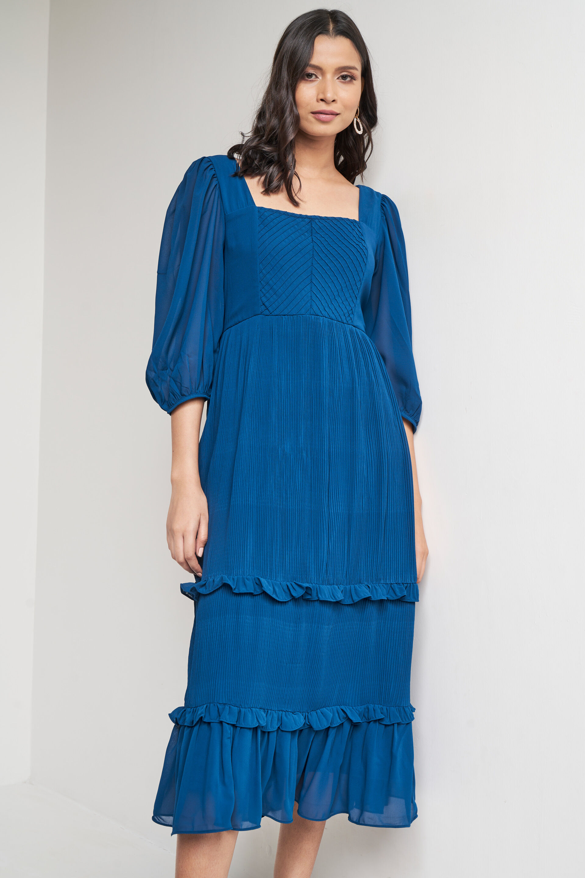Teal Solid Flared Dress, Teal, image 3