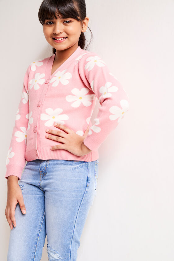Pink and White Floral Straight Cardigan, Pink, image 3