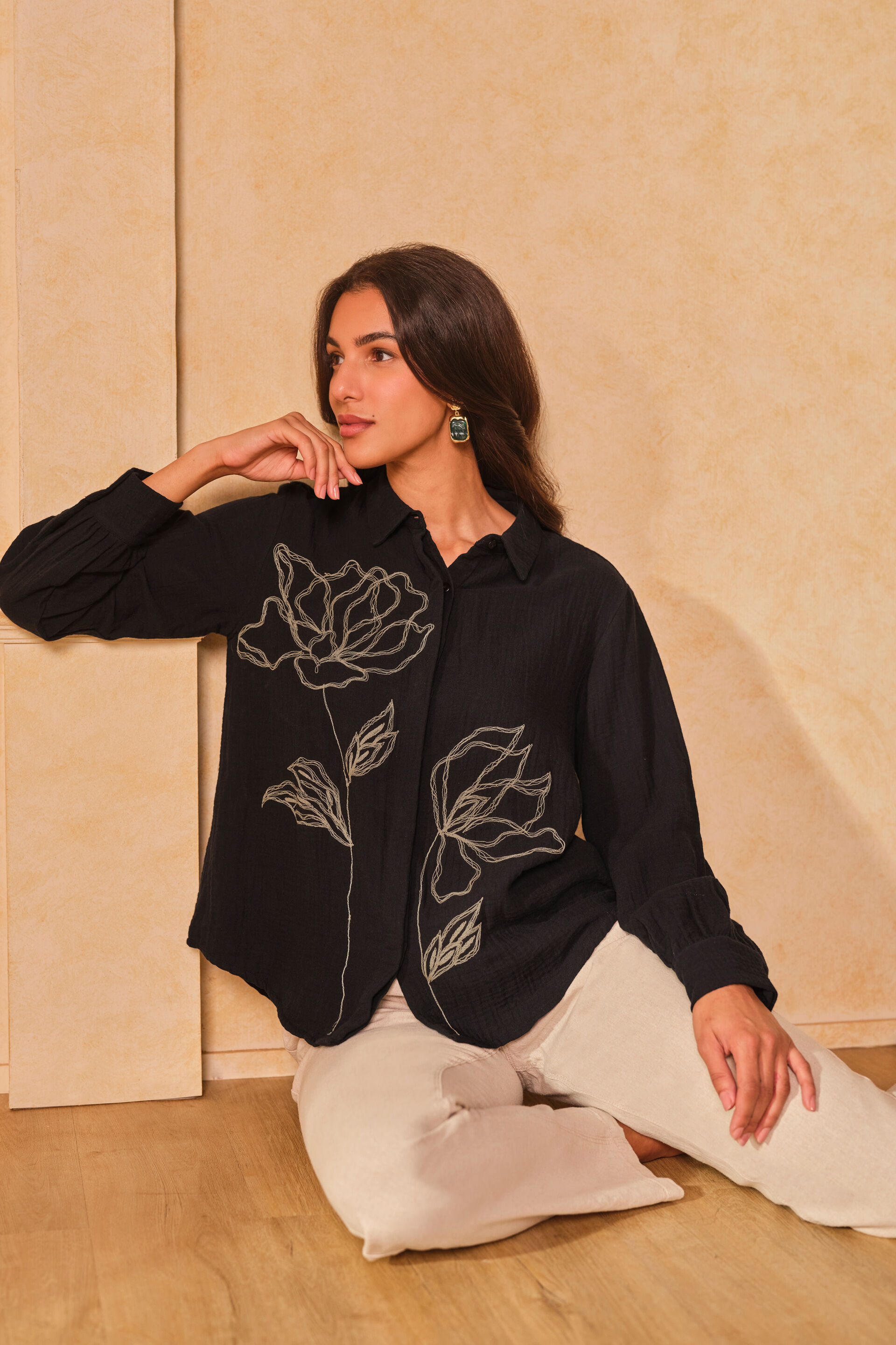 Midnight Garden Cotton Long Shirt, Black, image 7