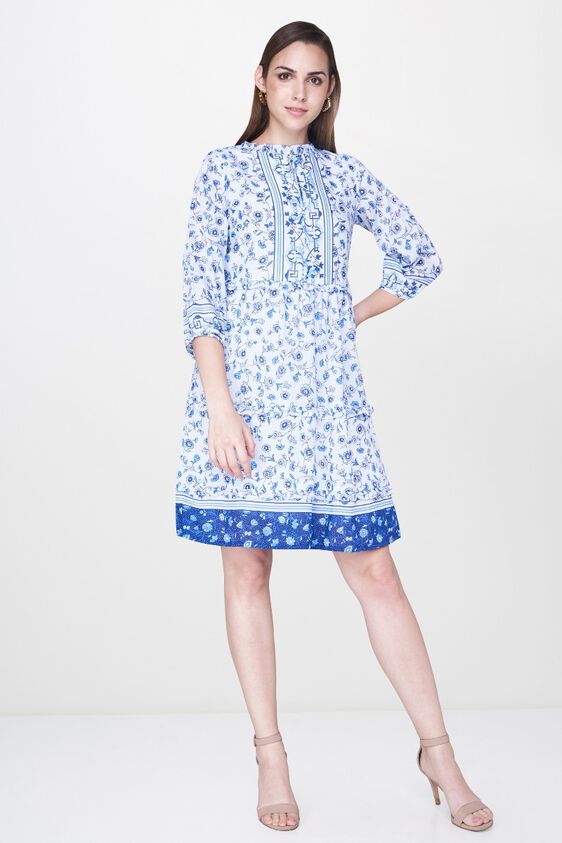 4 - Blue Floral Pleated Band Collar Fit and Flare Dress, image 4