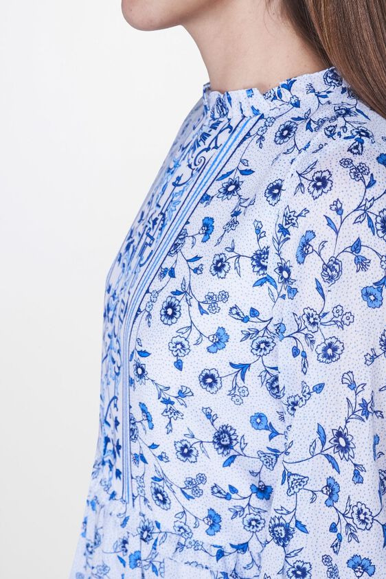 5 - Blue Floral Pleated Band Collar Fit and Flare Dress, image 5