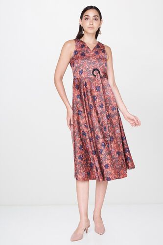 1 - Rust Floral V-Neck Fit and Flare Knee Length Dress, image 1