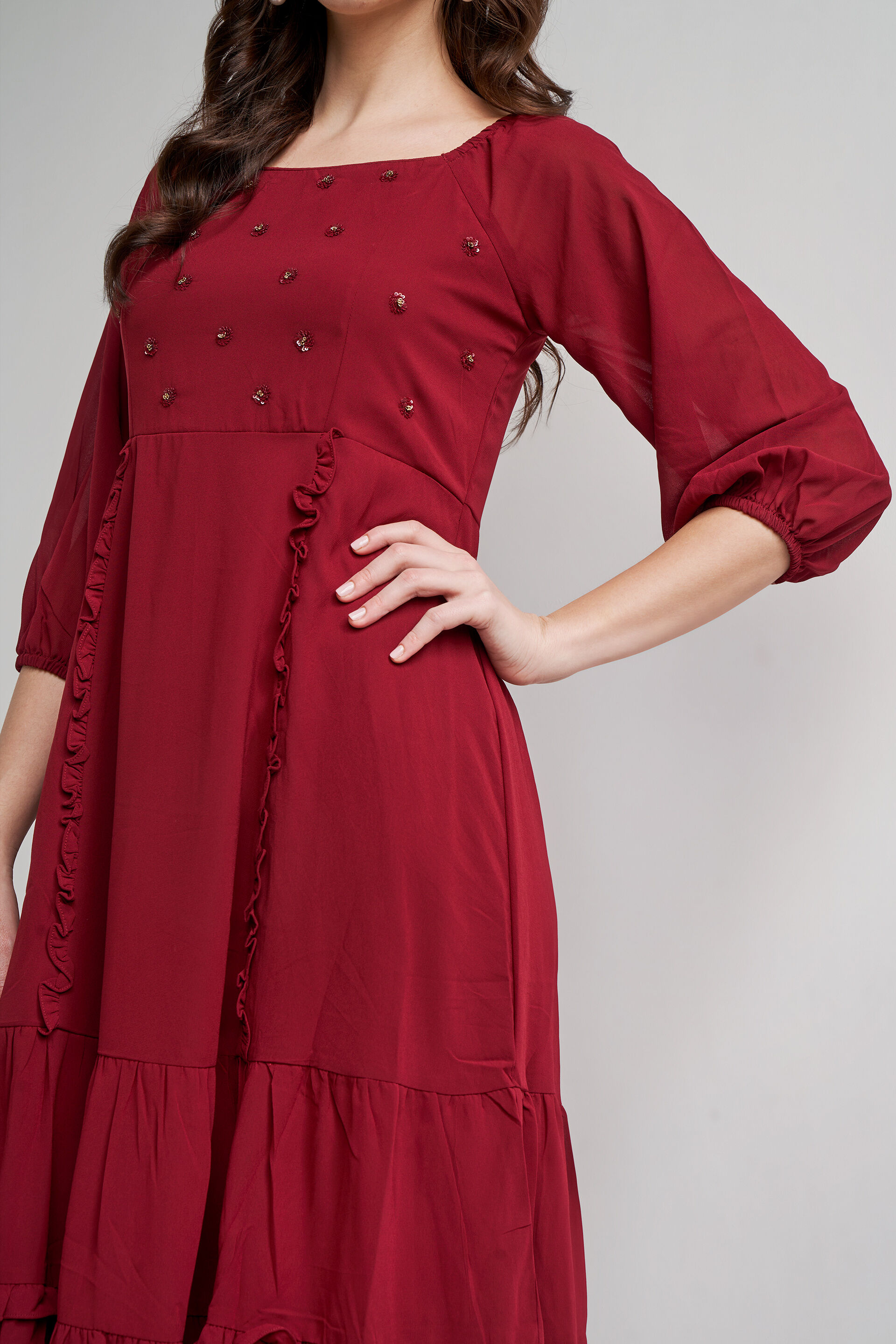 Maroon Solid Flared Dress, Maroon, image 7