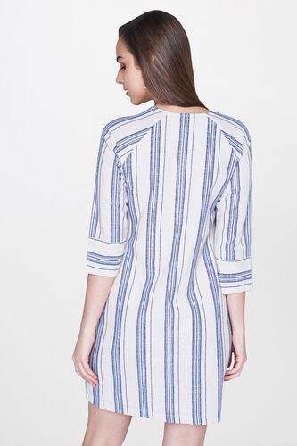 2 - White - Blue Stripes Round Neck A-Line Cuff Dress, image 2