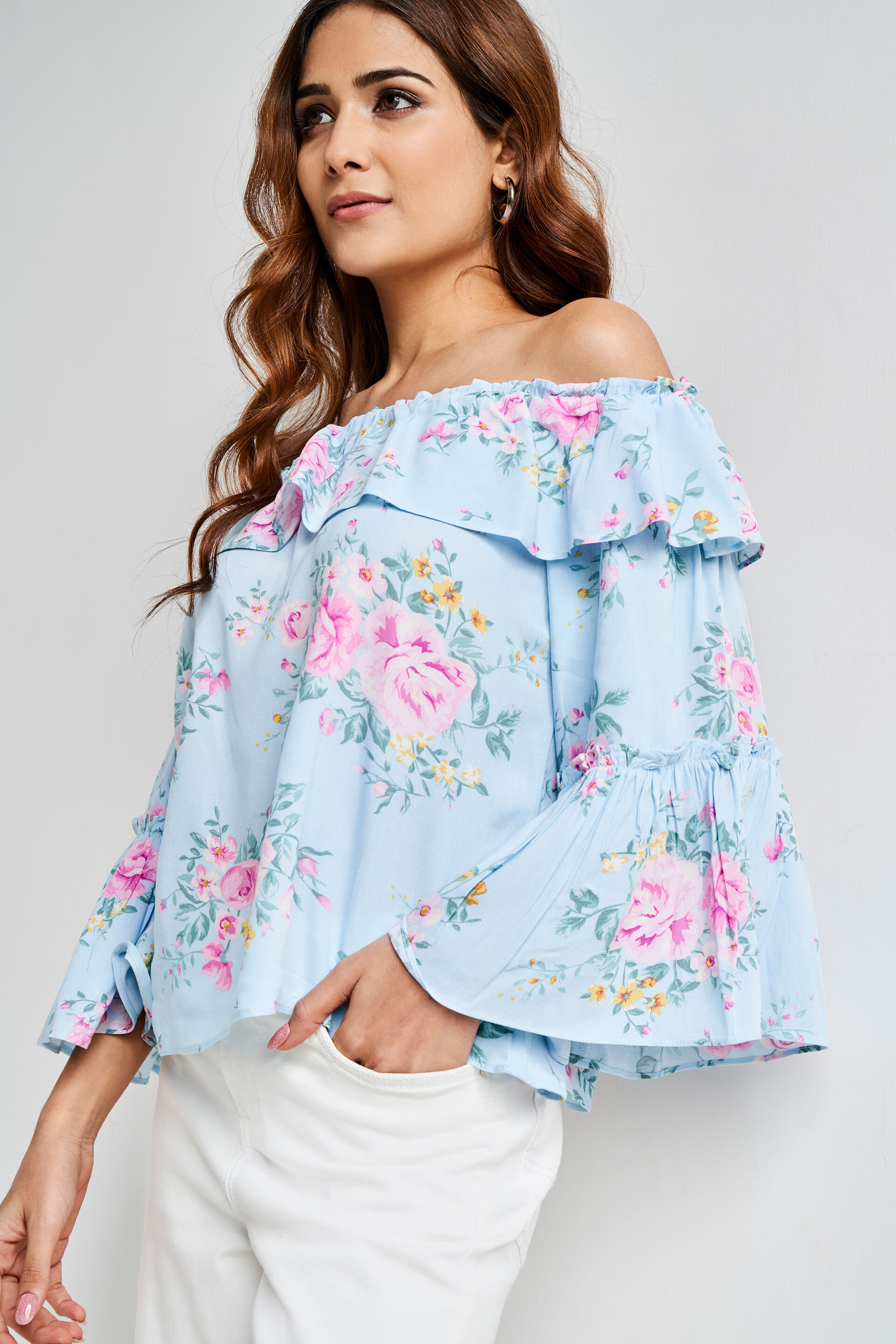 Powder Blue Floral Flared Top, Powder Blue, image 4