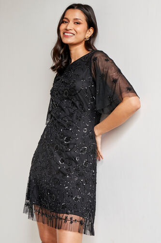 Black Floral Straight Dress, Black, image 3