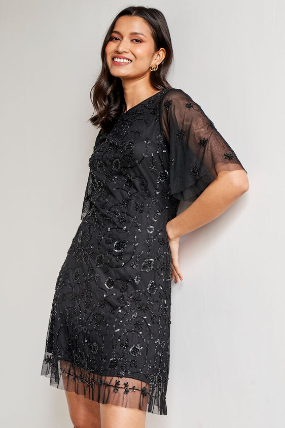 Black Floral Straight Dress, Black, image 3