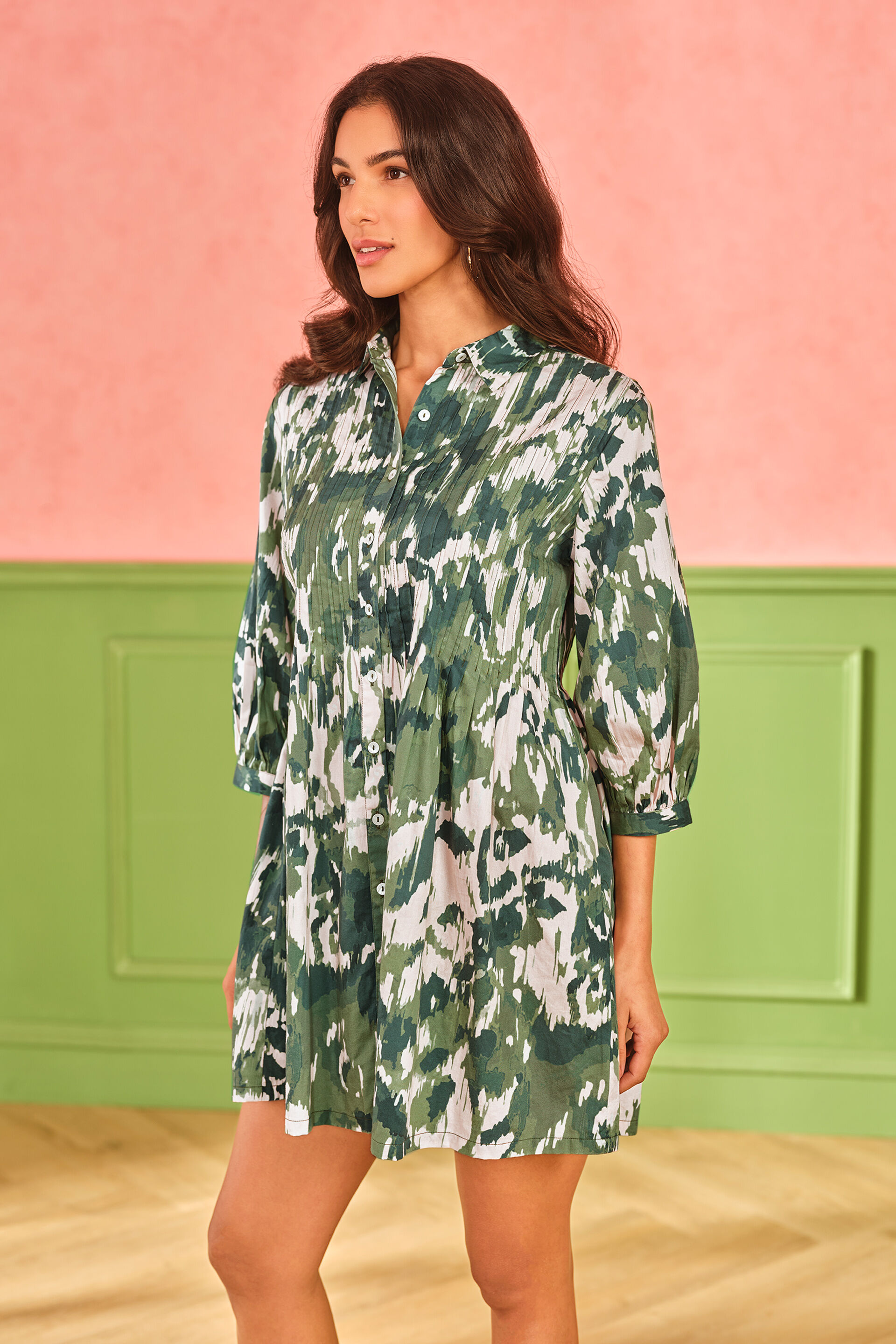 Forest Tapestry Cotton Shirt Dress, Olive, image 8