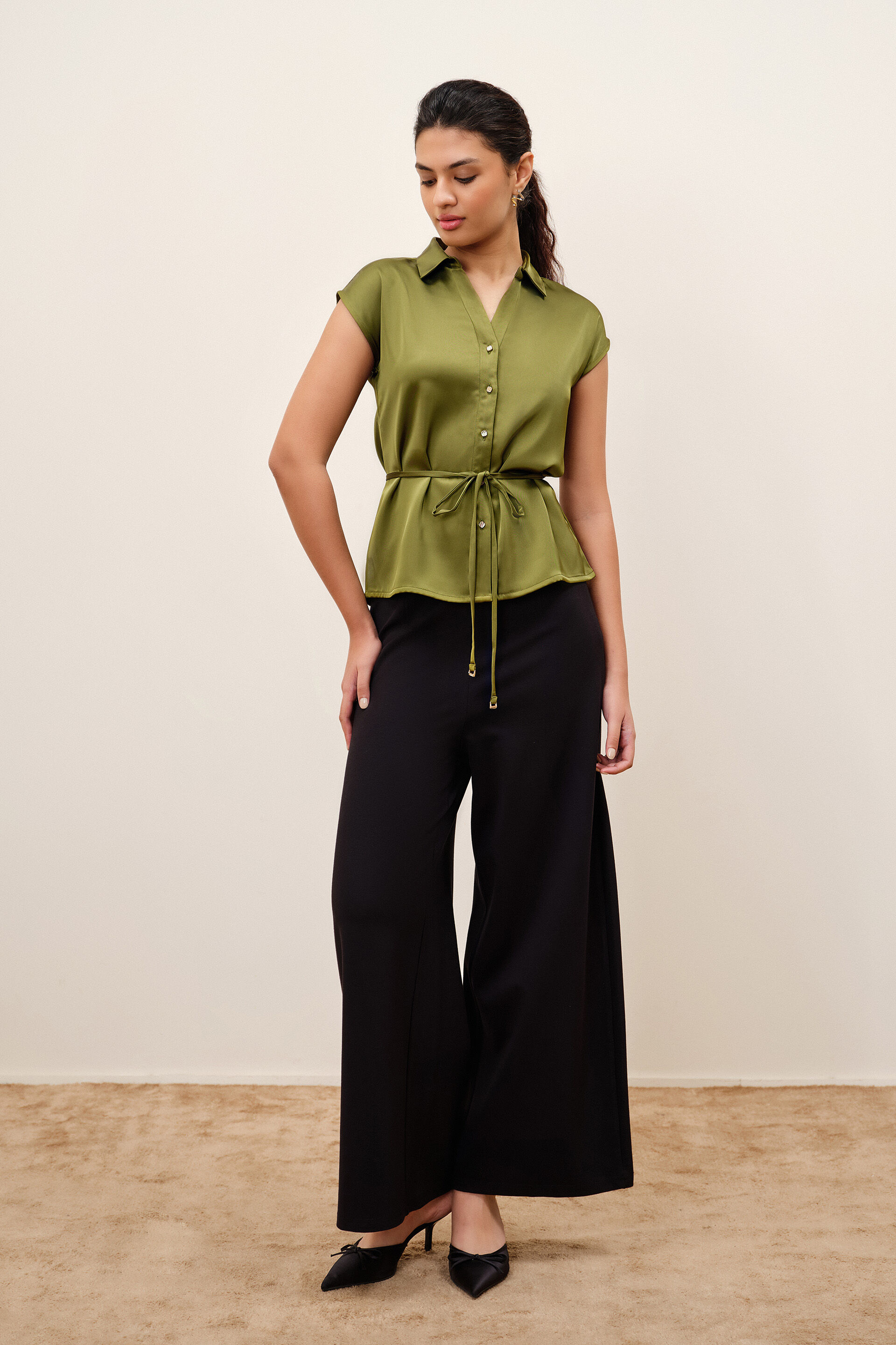 Calen Olive Satin Shirt, Olive, image 2