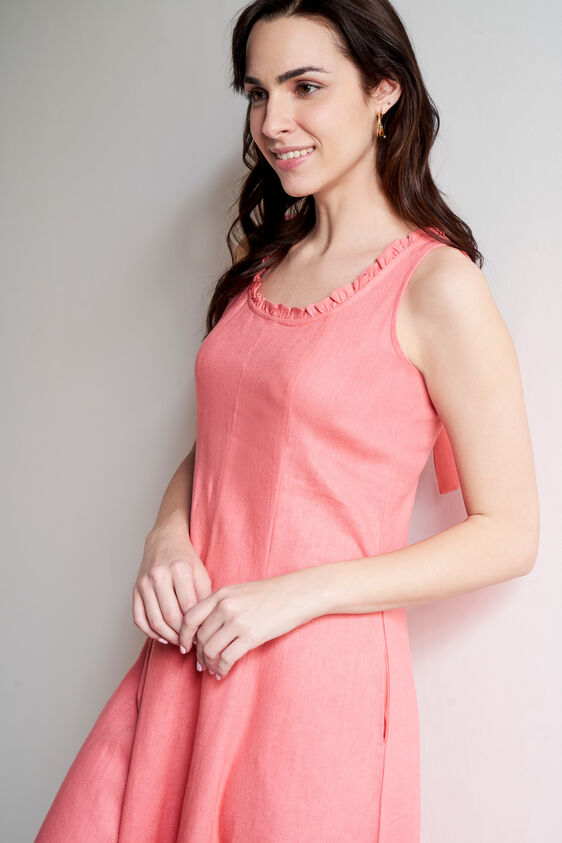 Peach Linen Flared Dress, Coral, image 5