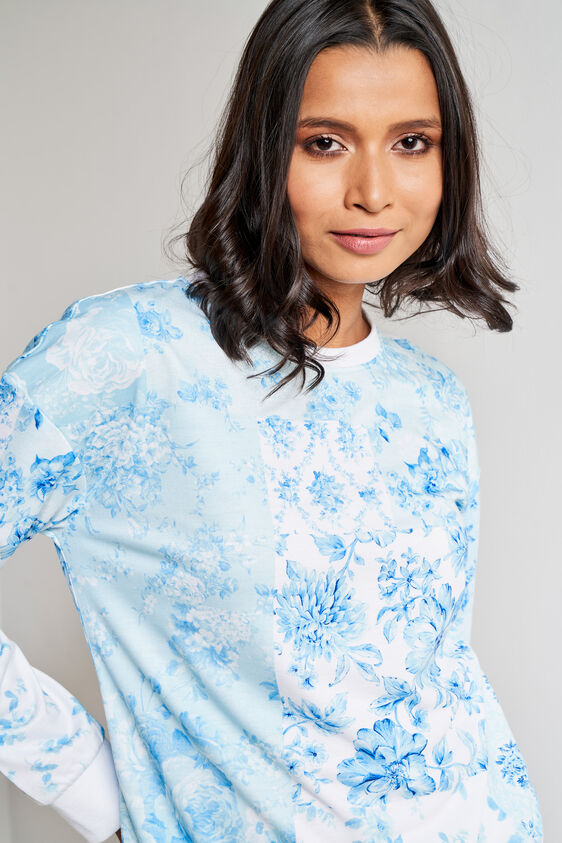 White And Blue Floral Straight Top, White, image 3