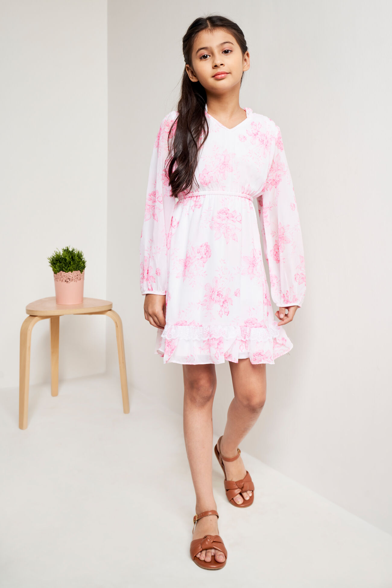 Cream Floral Flounce Dress, Cream, image 2