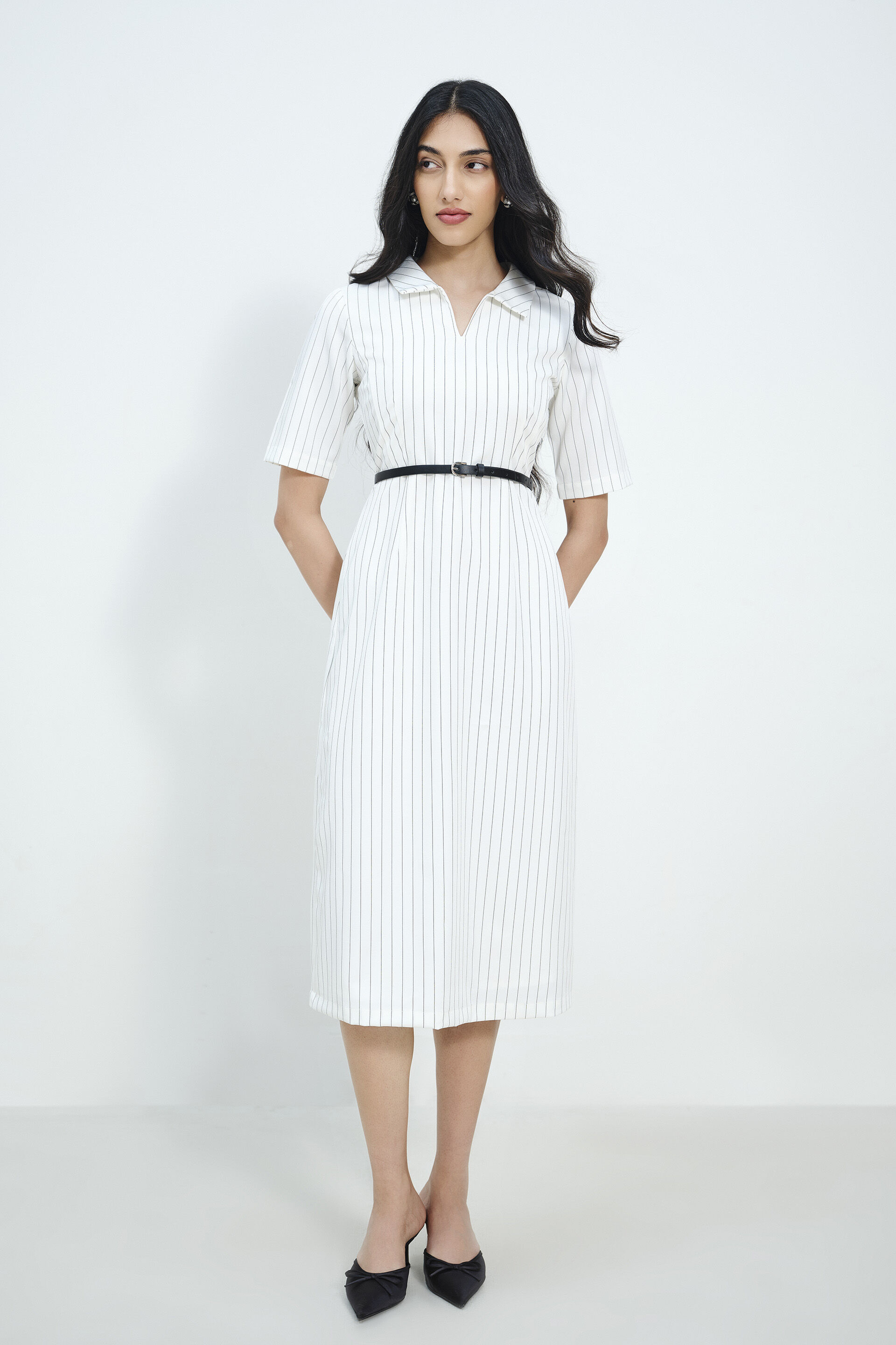 Pinstripe Pattern Dress, White, image 1