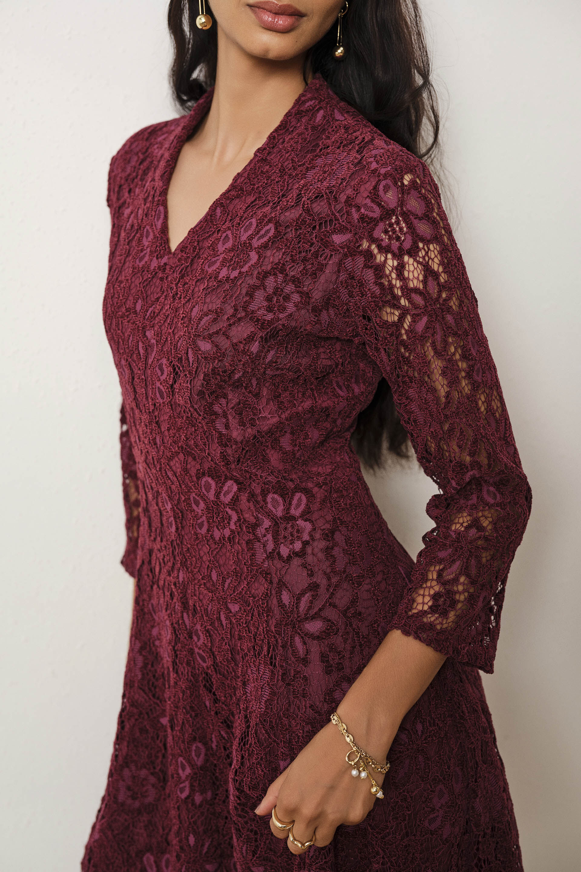 Lace Fit & Flare Dress in Wine, Wine, image 2