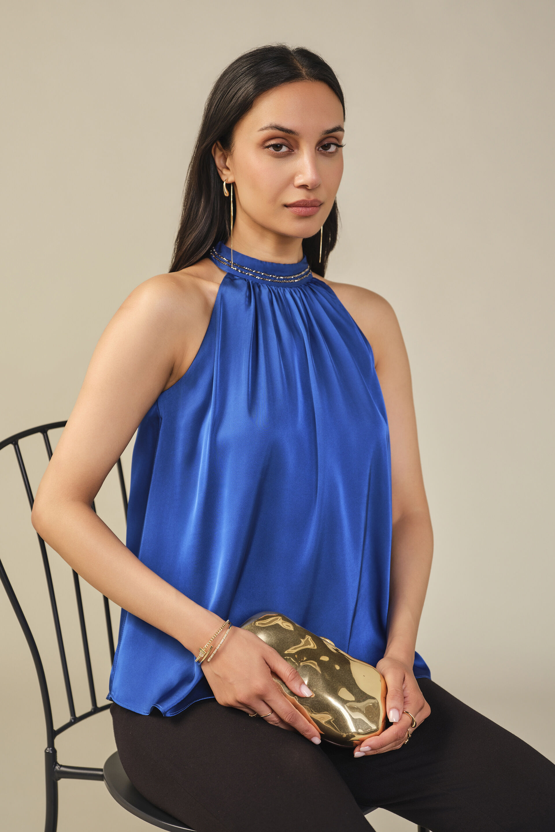 Halter Satin Top in Blue, Blue, image 3