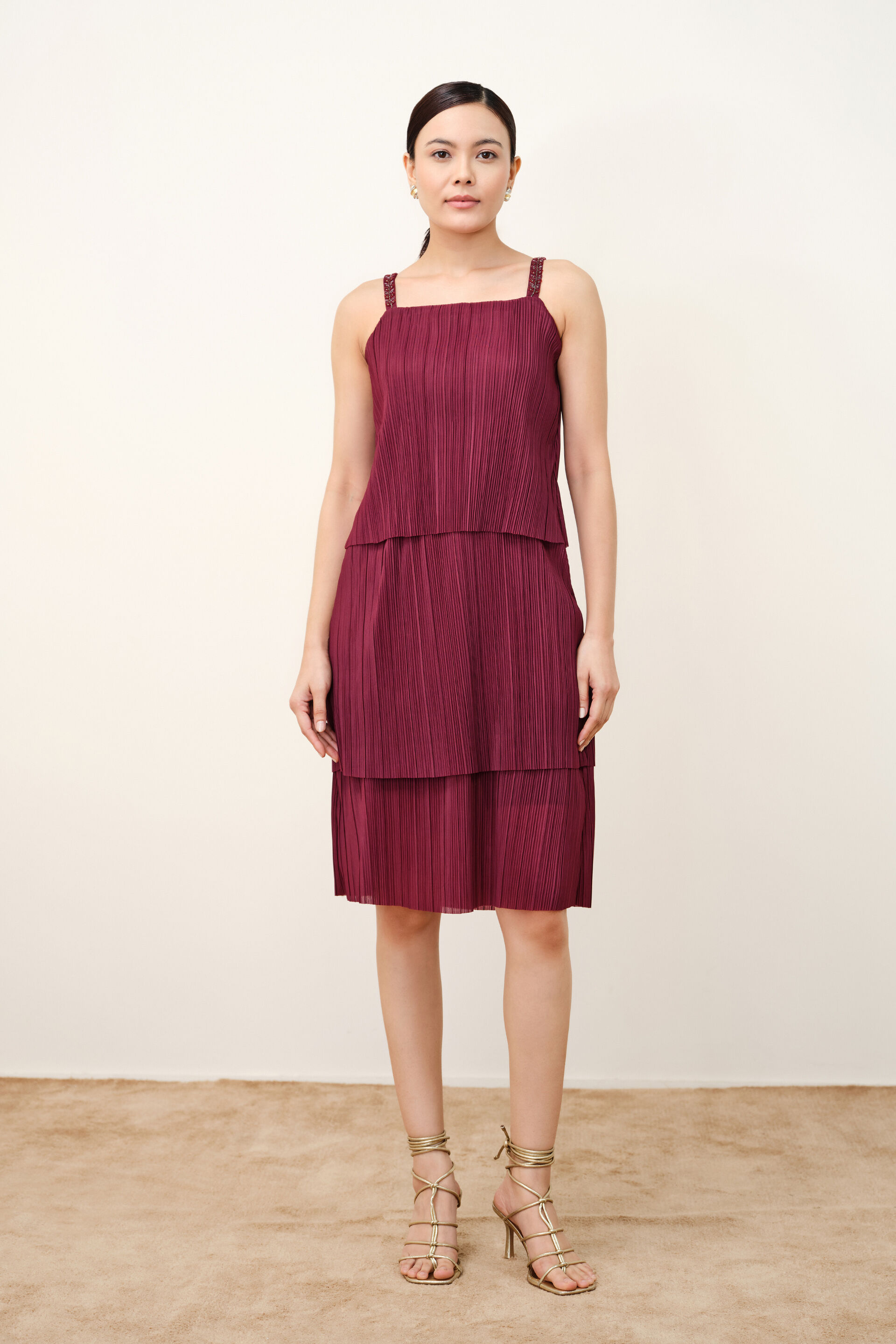 Wine Tiered Pliss&eacute; Dress, Wine, image 2