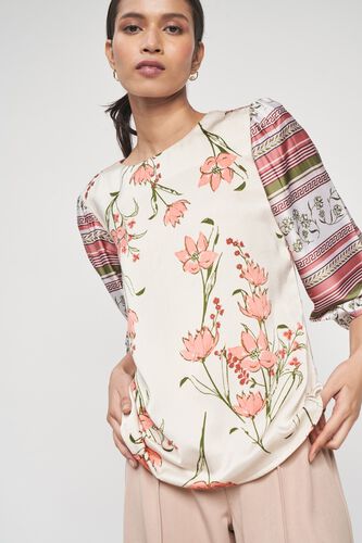 5 - Cream and Pink Floral Printed A-Line Top, image 5