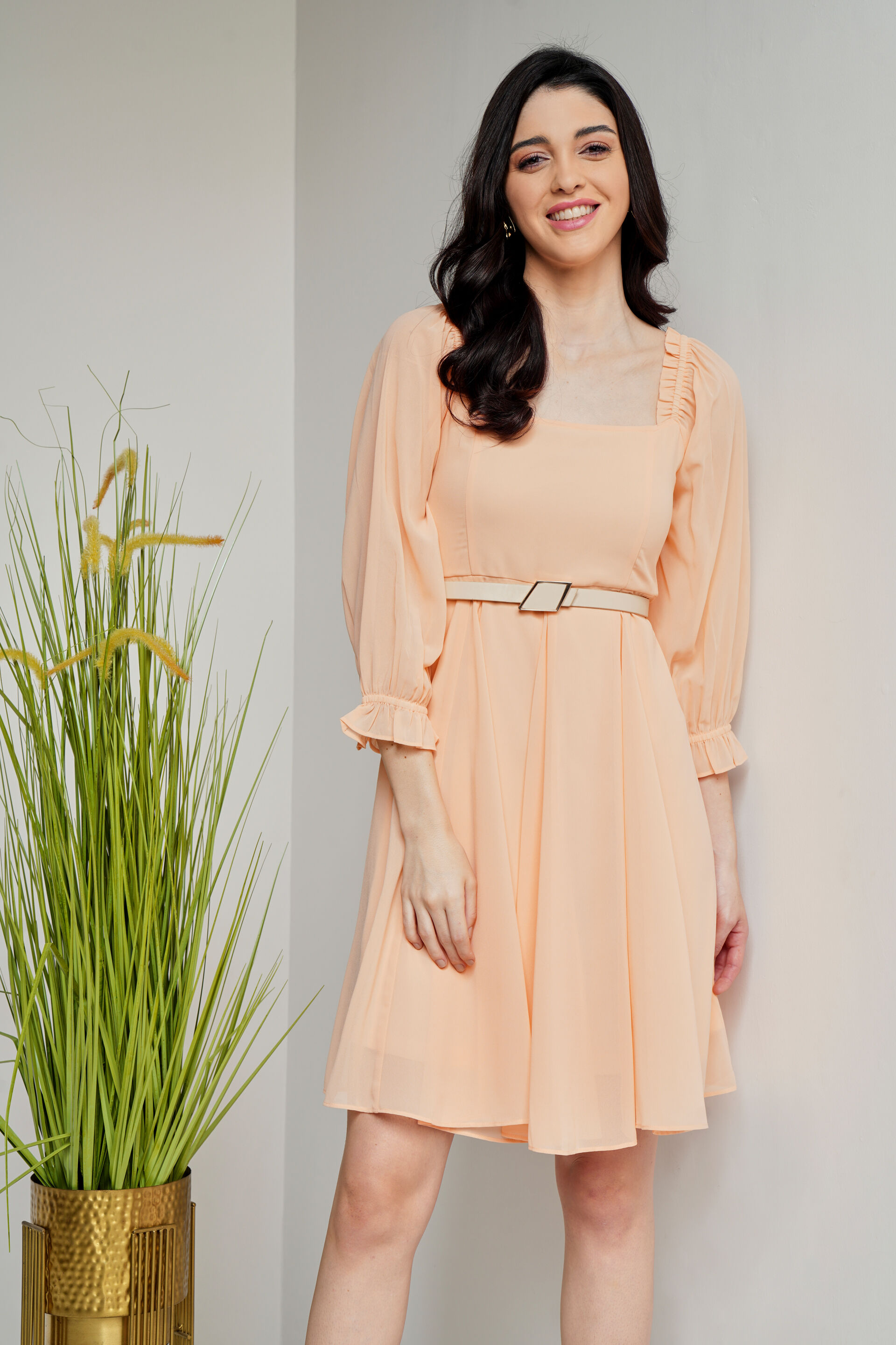 Peach Solid Flared Dress, Peach, image 1
