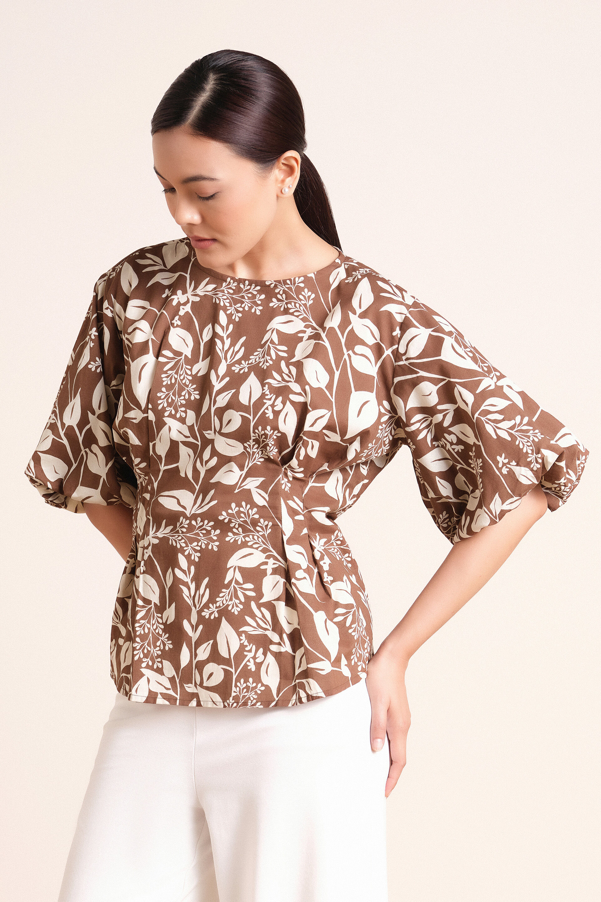 Leafy Brown Cotton Top, Brown, image 1