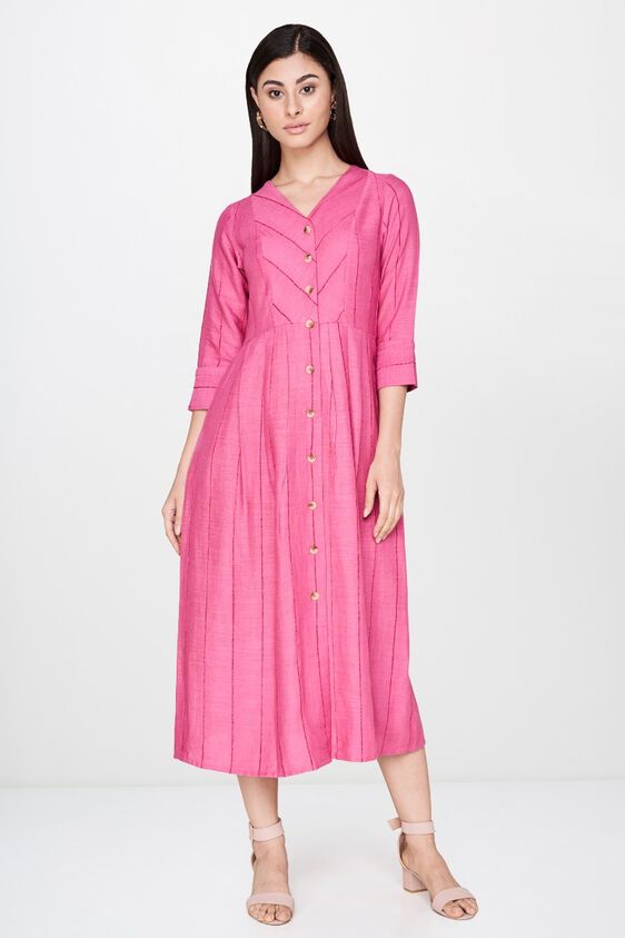1 - Pink V-Neck Fit and Flare Midi Dress, image 1