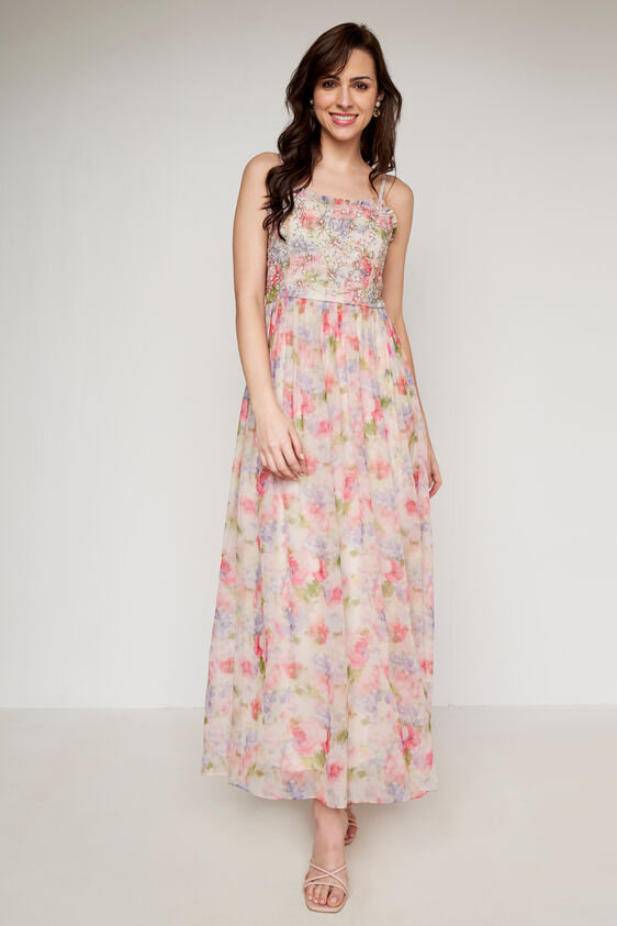 Multi Color Floral Flared Gown, Multi Color, image 2