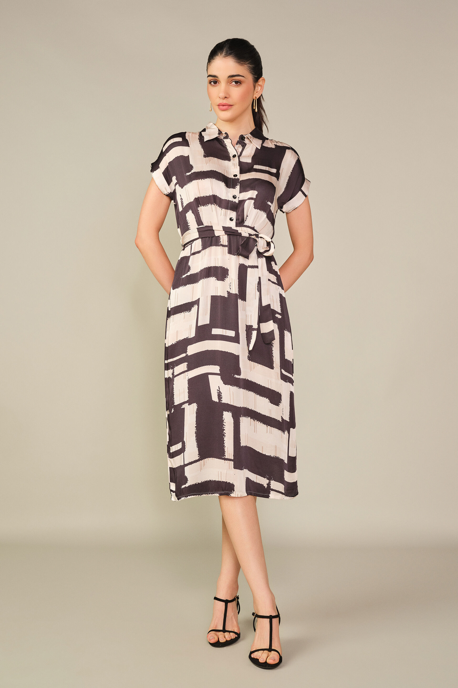 Abstract Printed Modal Draped Dress in Cream