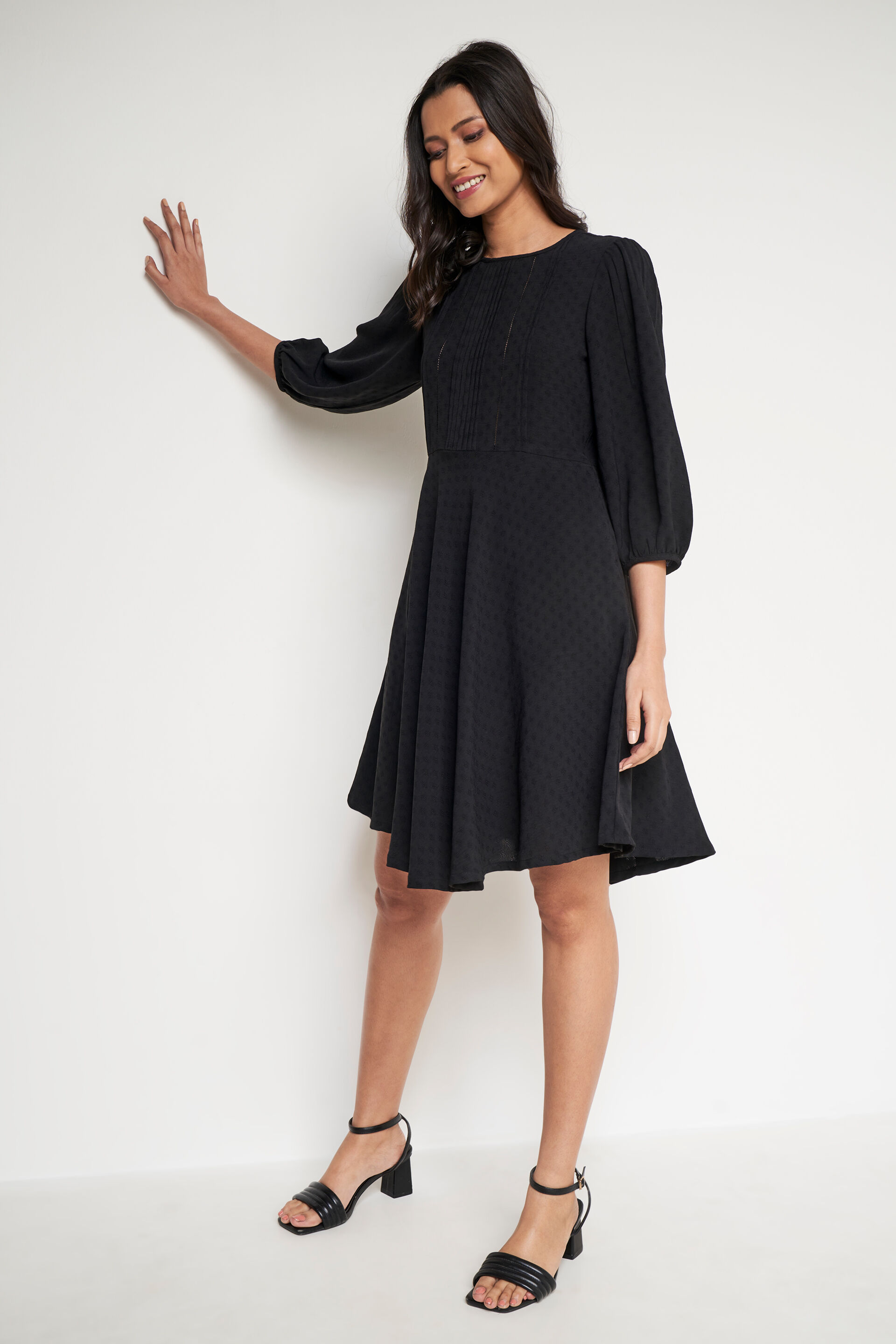 Black Solid Flared Dress, Black, image 3