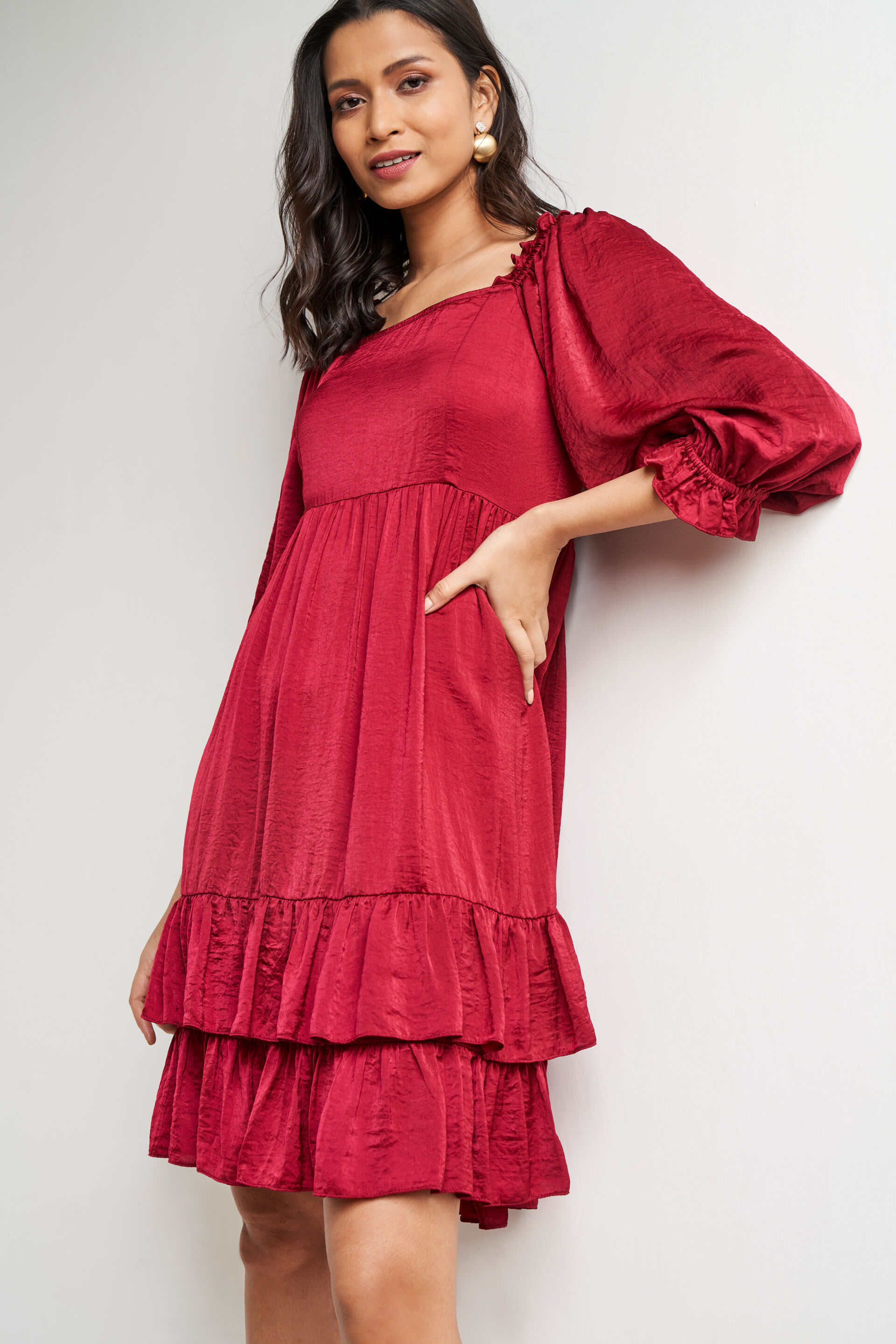 Dark Red Solid Flounce Dress, Red, image 2