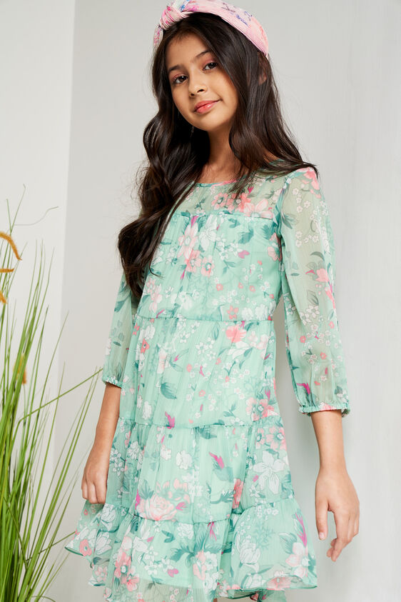 Green Floral Flared Dress, Green, image 5