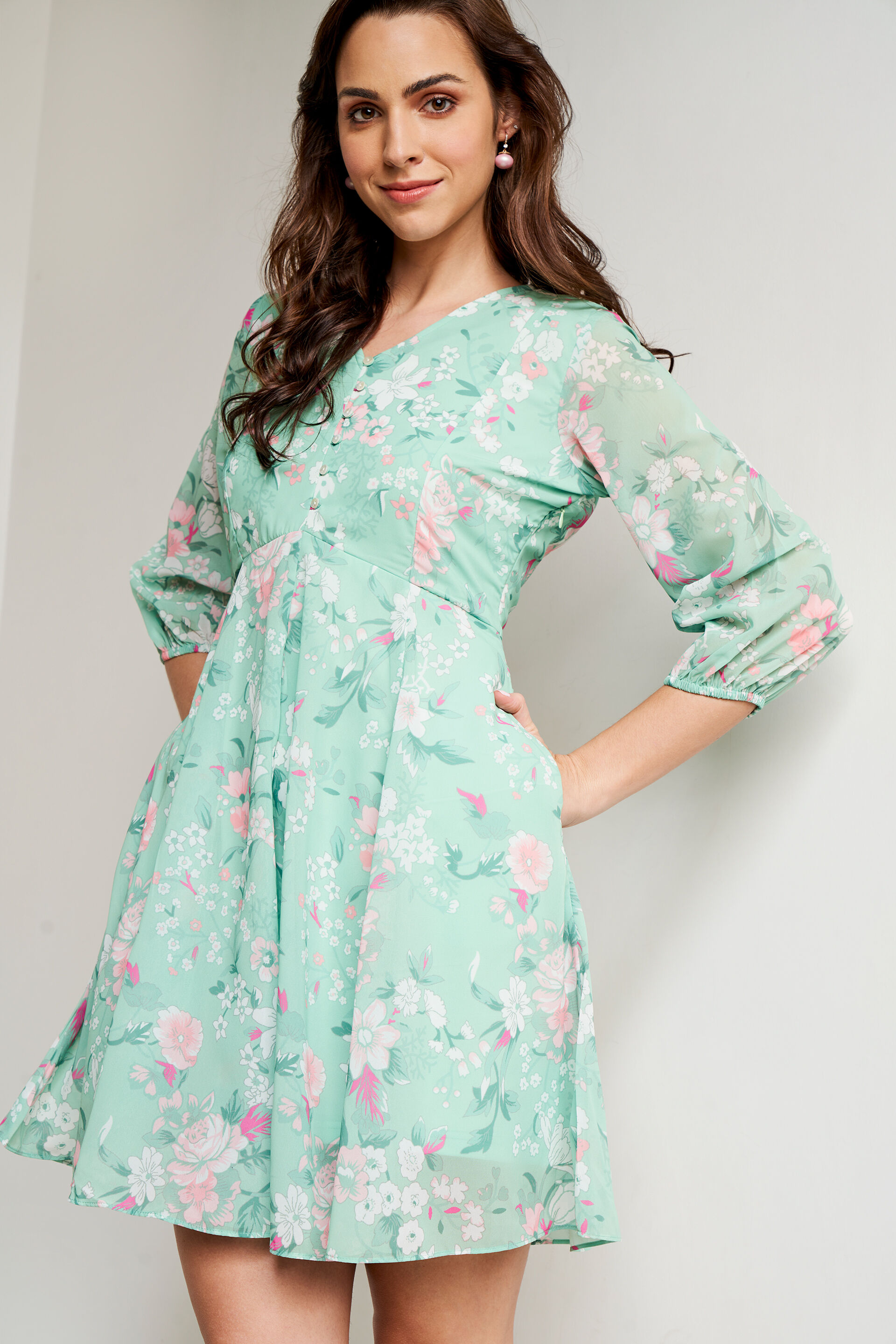 Green Floral Flared Dress, Green, image 4