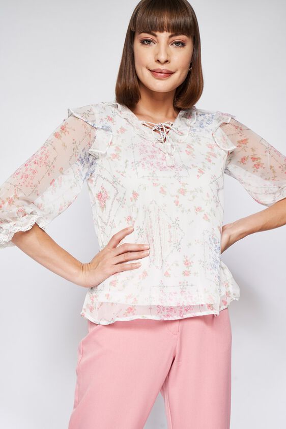 White Floral Blouson Top, , image 1