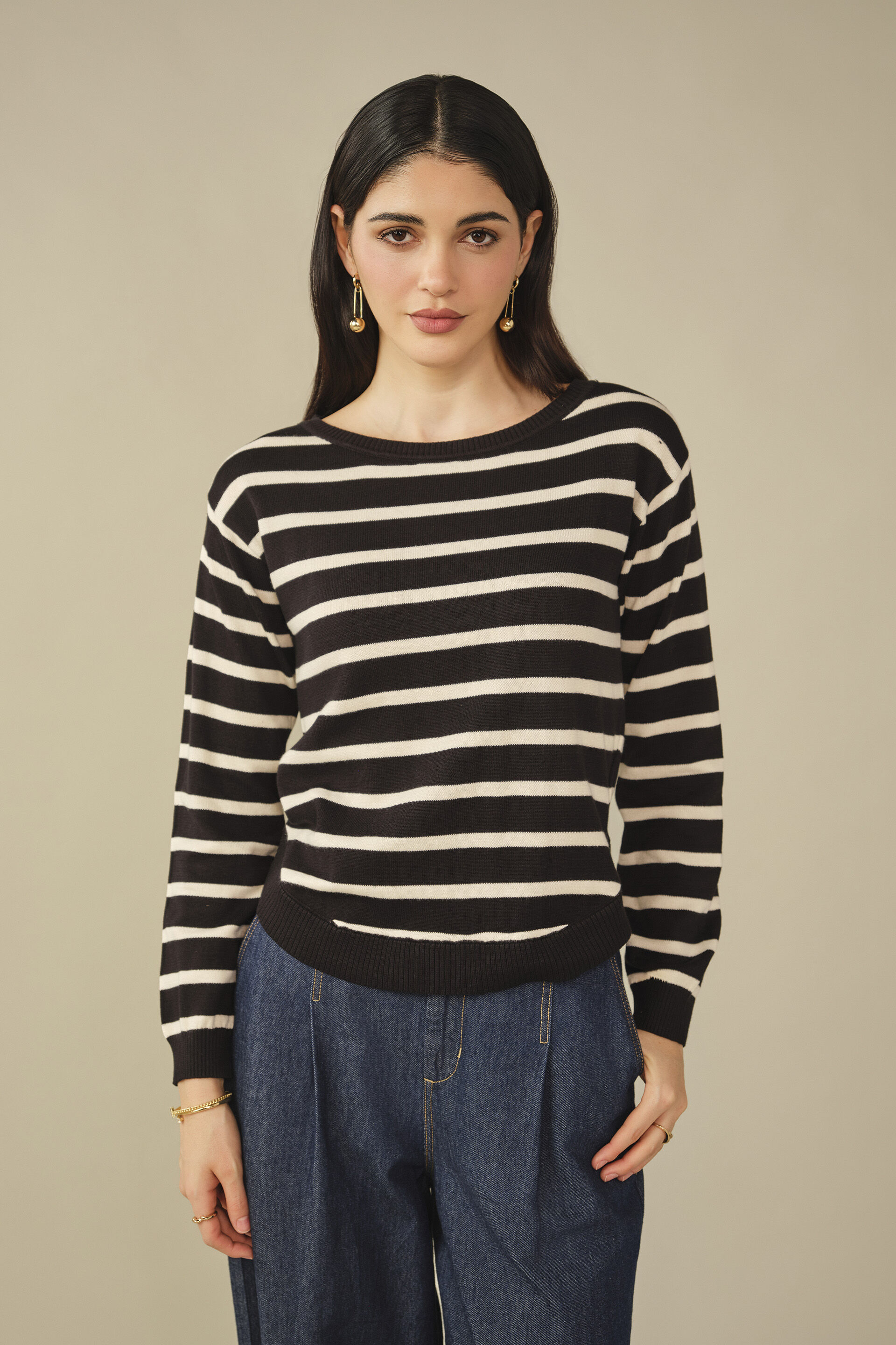 Striped Cotton Pullover in Black