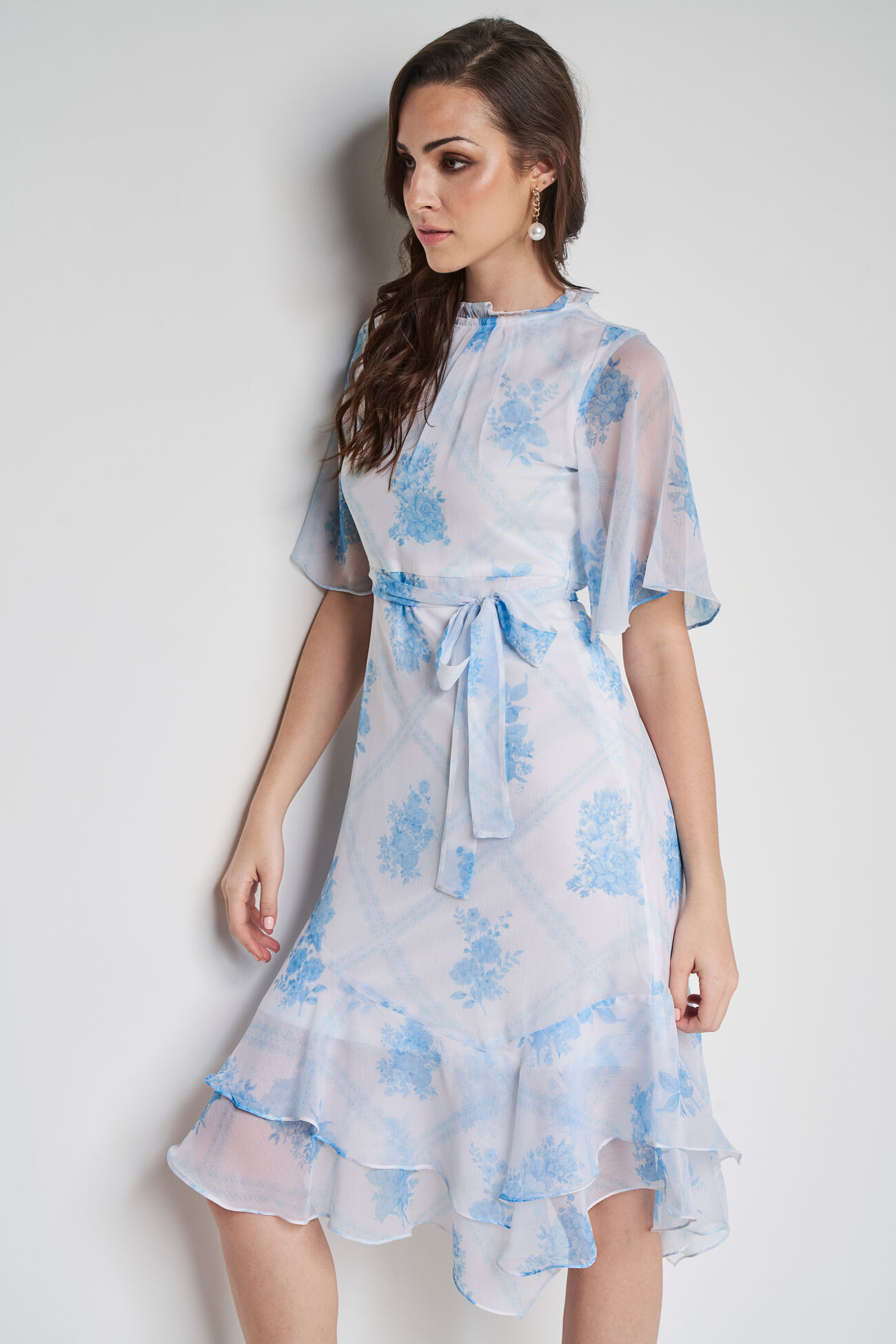 White and Blue Floral Asymmetric Dress, White, image 4