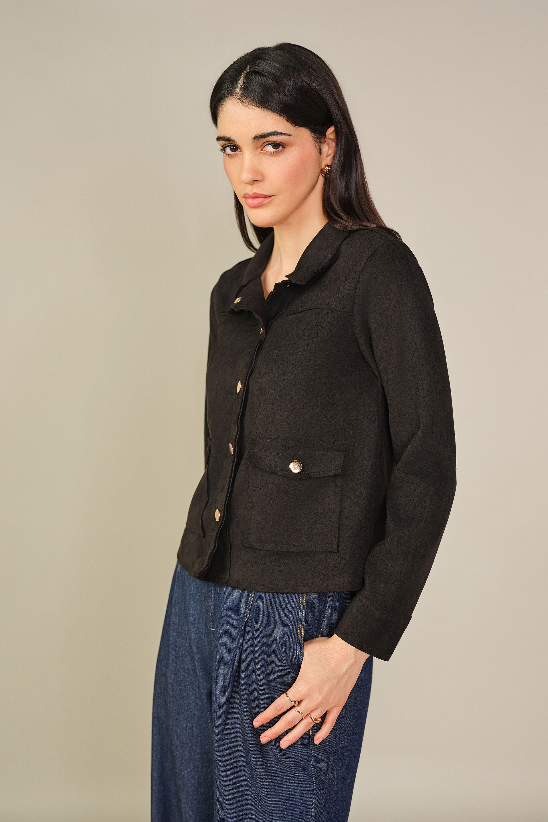 Solid Suede Jacket in Cream, Black, image 4