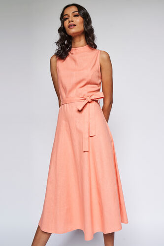 Peach Solid Flared Dress, , image 5