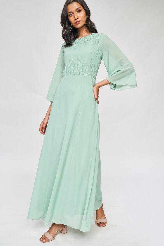 4 - Sage Green Solid Embellished Fit & Flare Gown, image 4