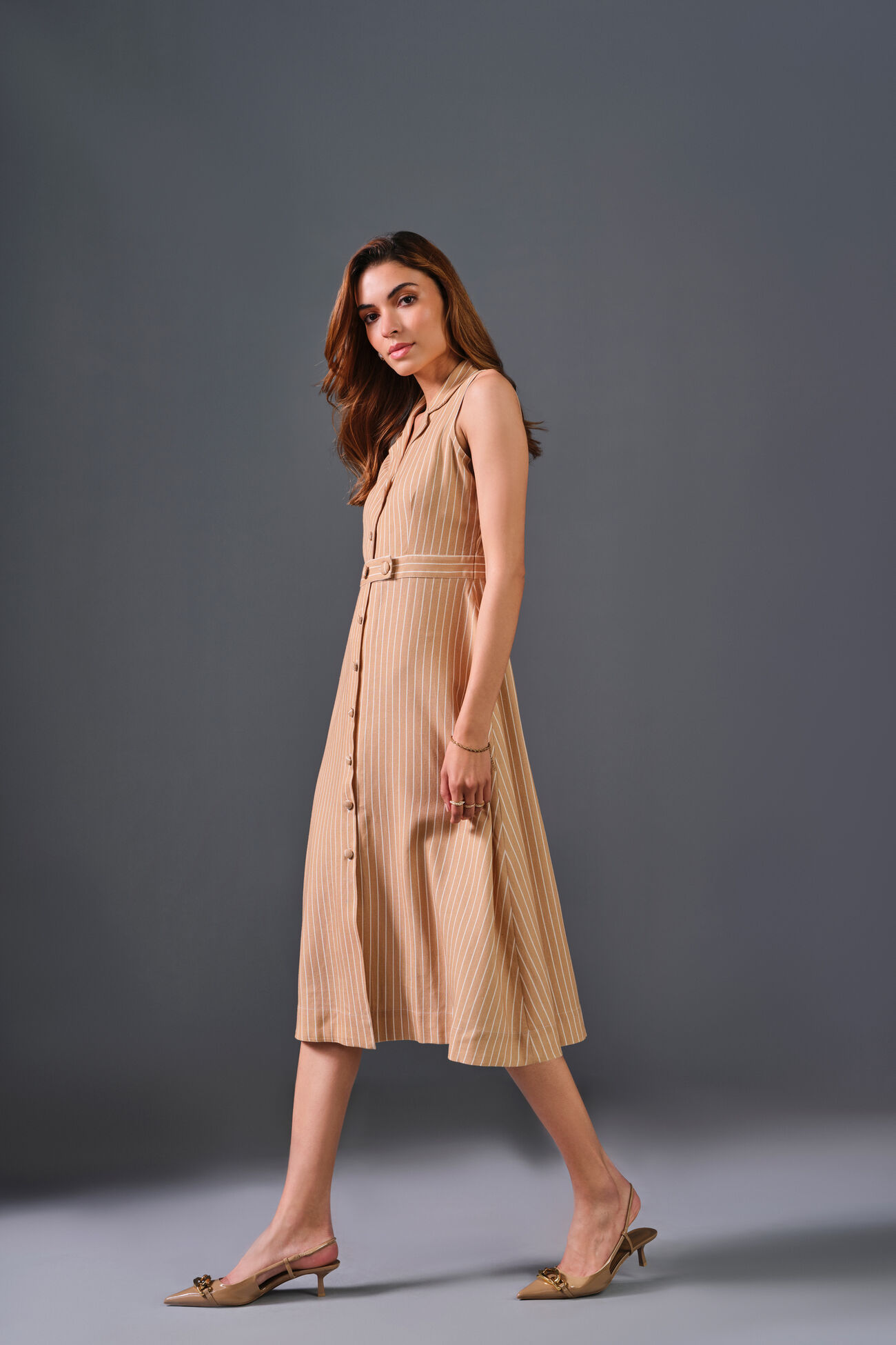 Cappucino Striped Viscose Blend Dress, Brown, image 3