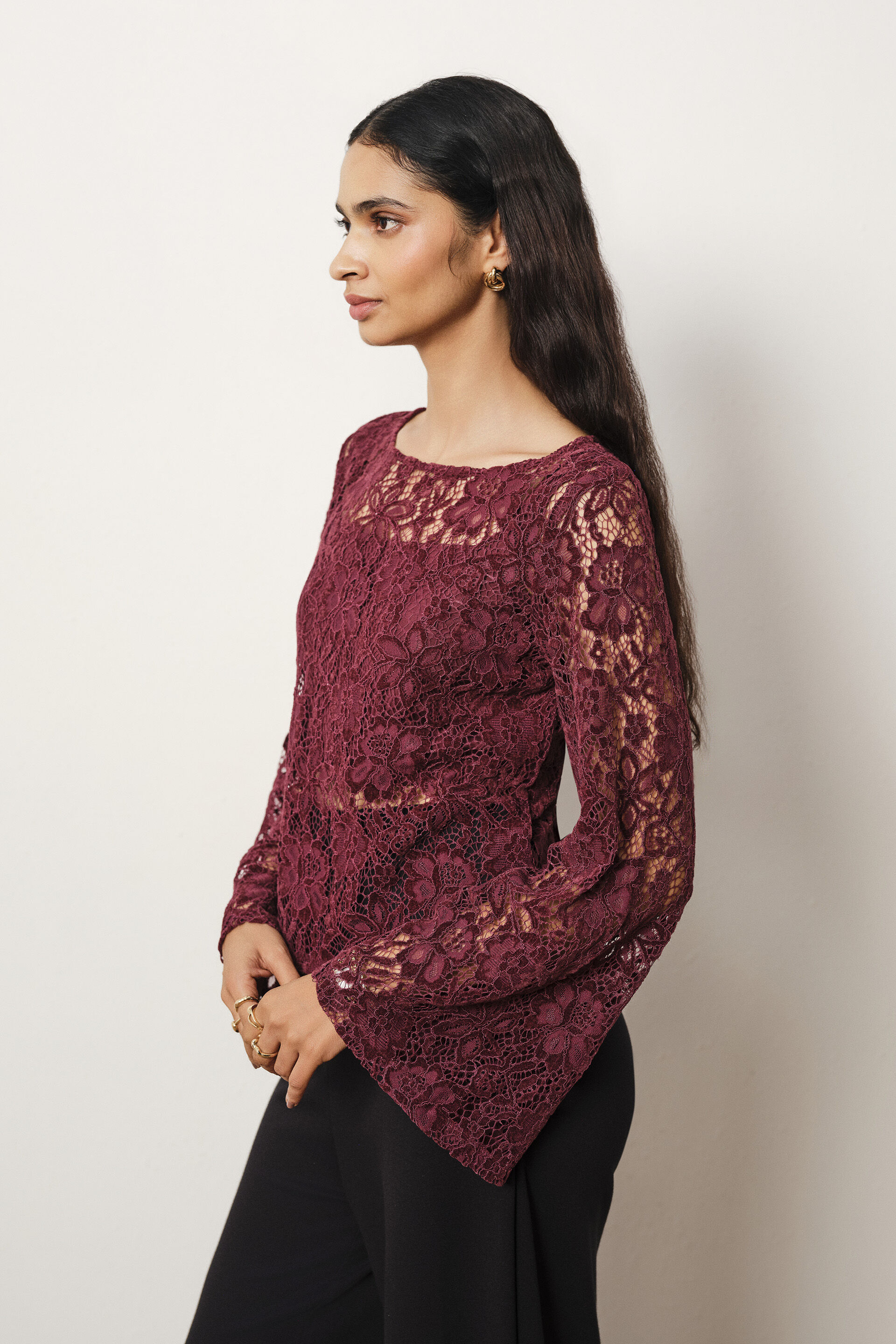 Lace Full Sleeves Top in Wine, Wine, image 5
