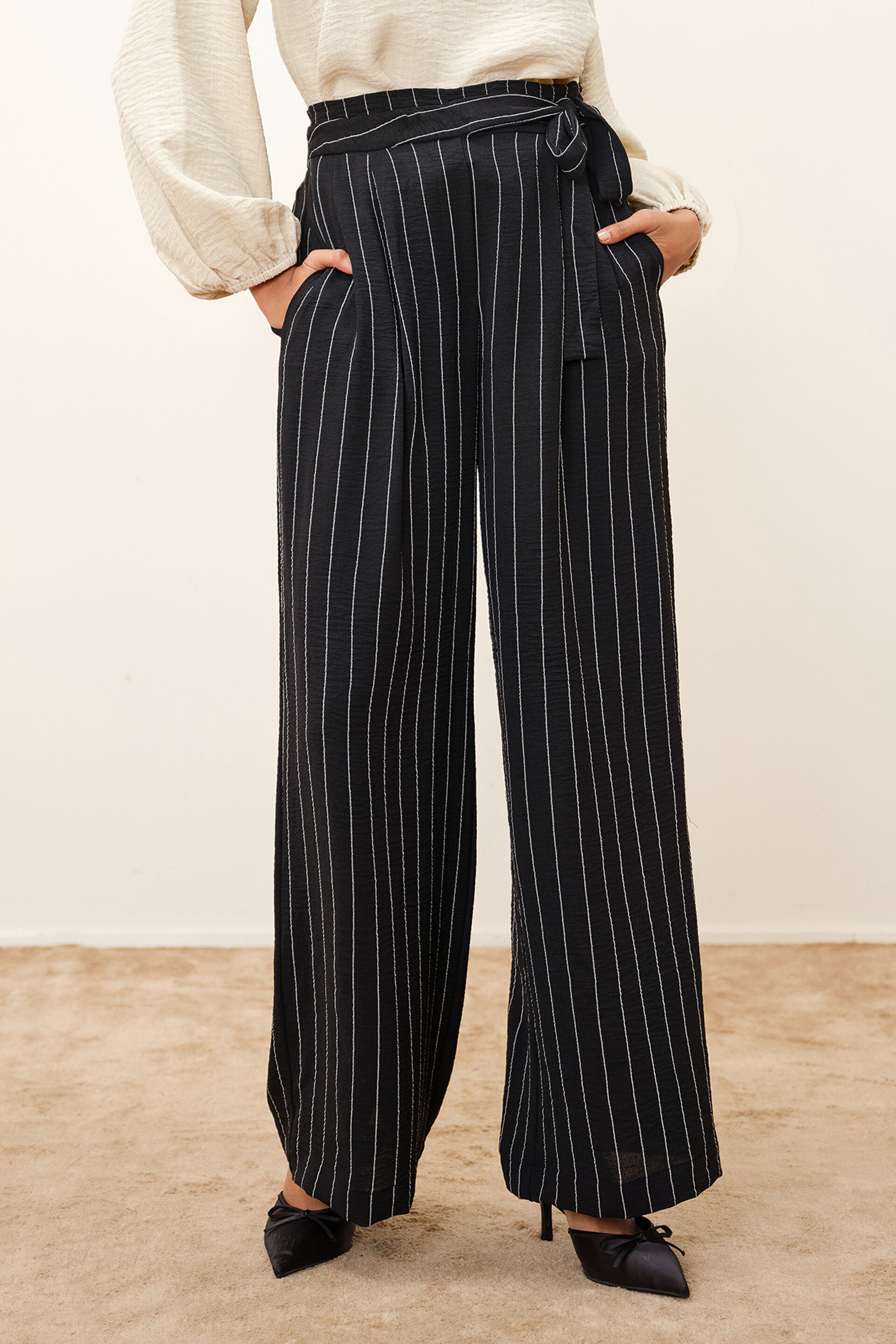 Linea Striped Black Pants, Black, image 1