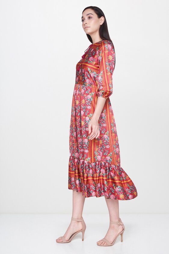 4 - Red Floral Round Neck Fit and Flare Midi Gown, image 4