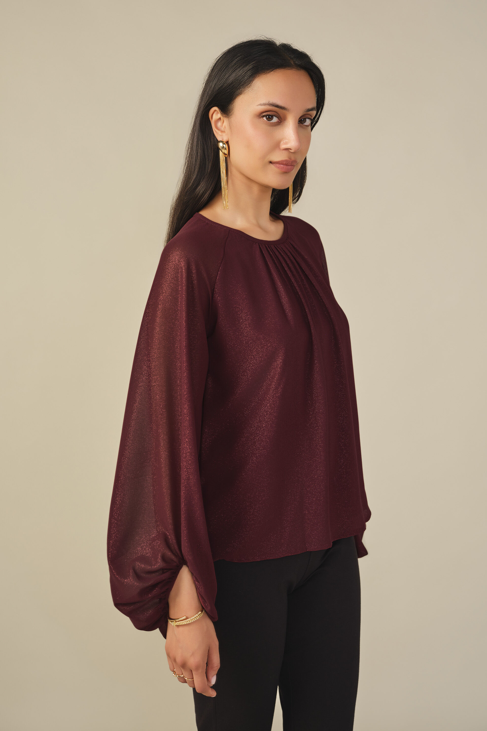 Voluminous Sheer Sleeve Top in Wine, Wine, image 5