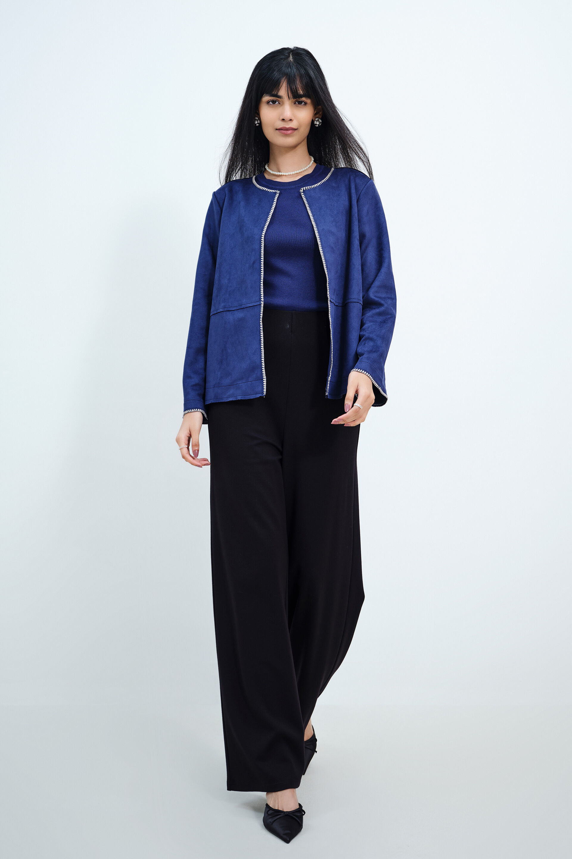 Navy Suede Open Jacket, Blue, image 2