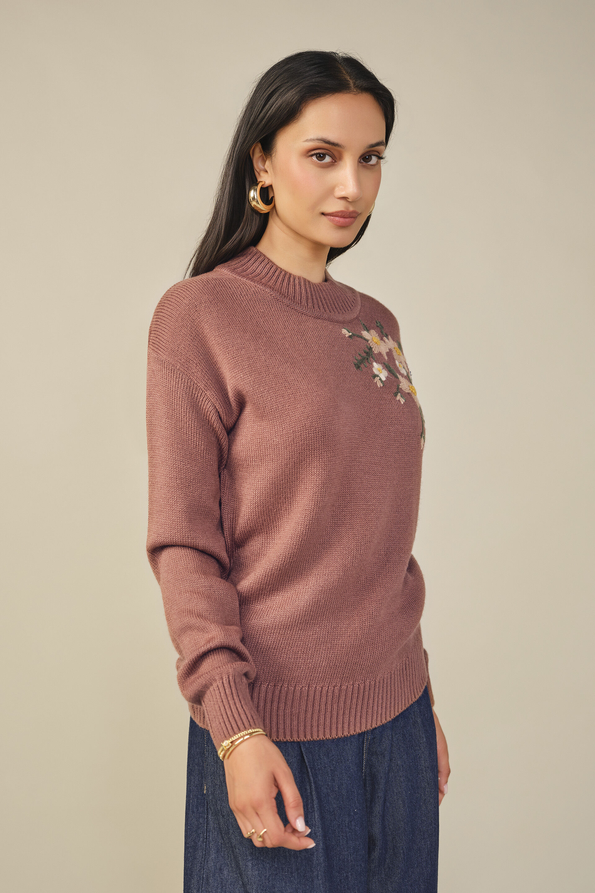 Embroidered Cotton Sweater in Brown, Brown, image 5