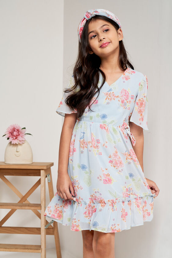 Blue Floral Flared Dress, Blue, image 1