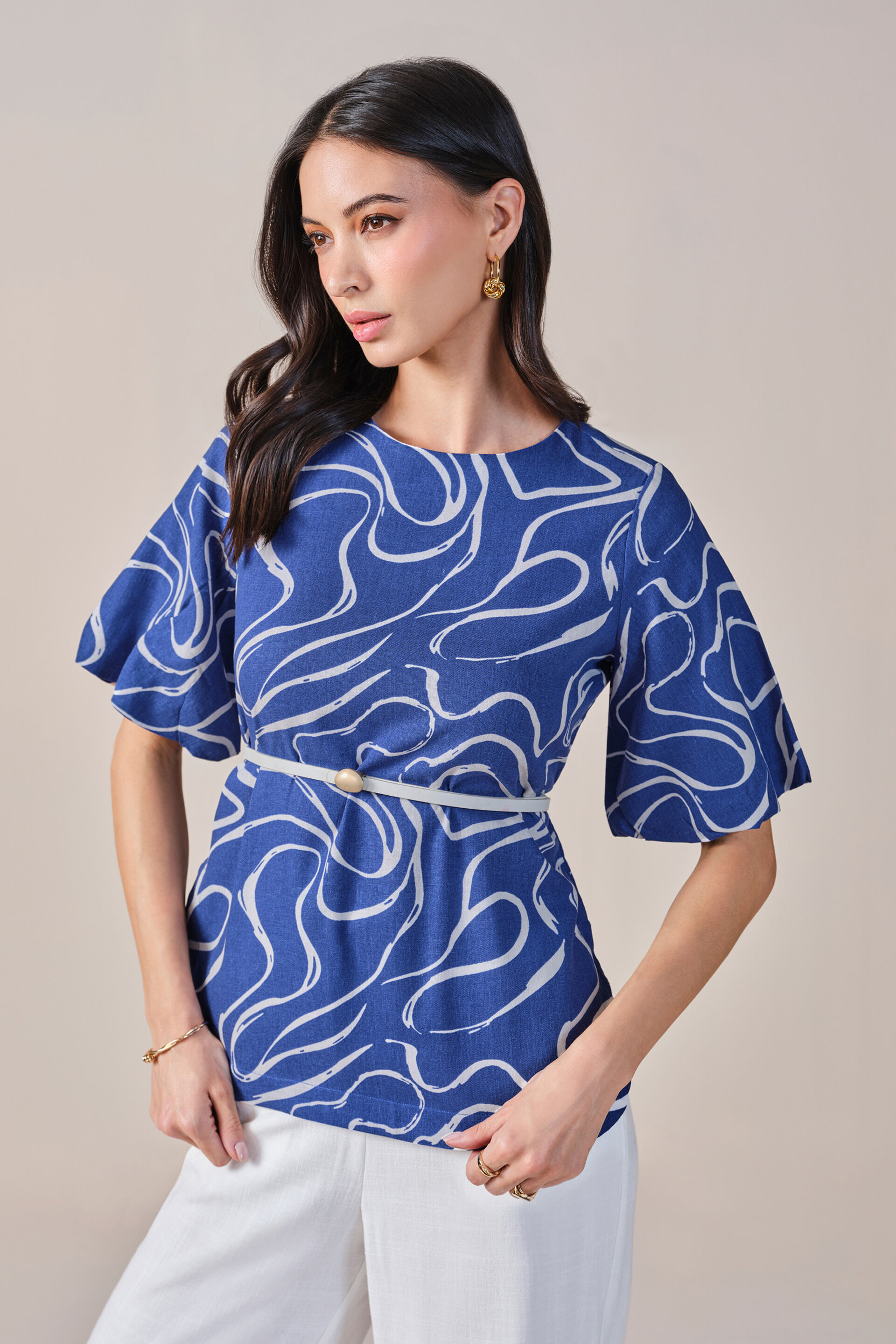 Cobalt Swirl Viscose Linen Blend Top, Blue, image 1
